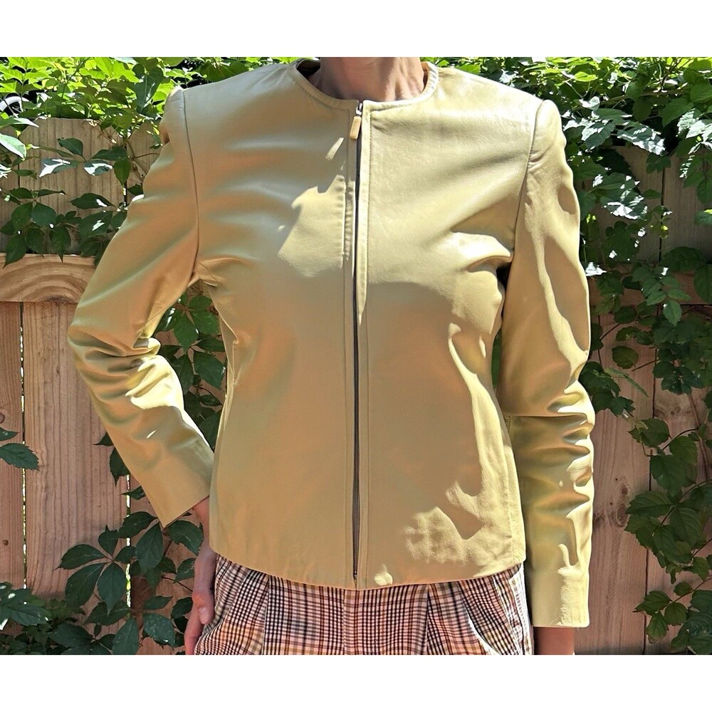 Vintage 90s Rena Rowan Genuine Leather Jacket Size 6 Citron Chartreuse Green